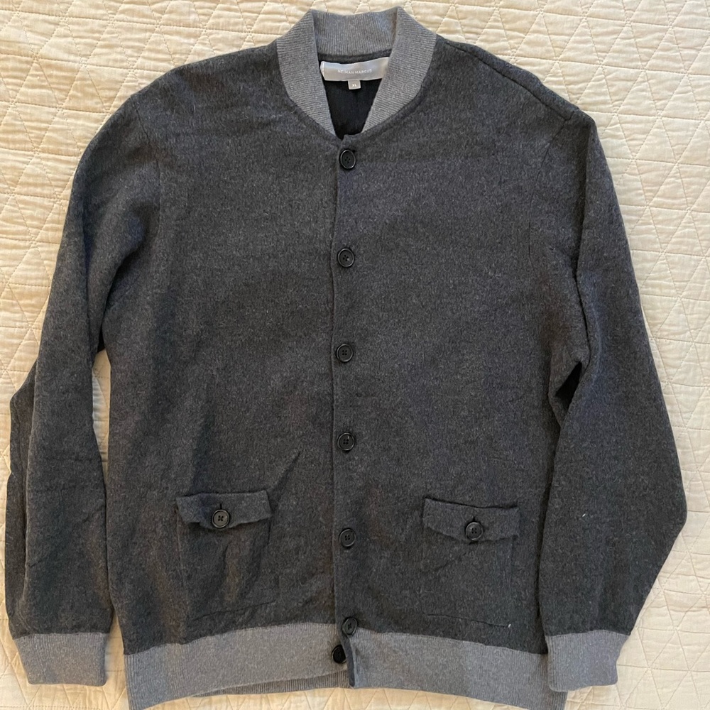 Neiman Marcus Patch Pocket Cotton-Cashmere Knit Bomber Jacket in Gray XL $428